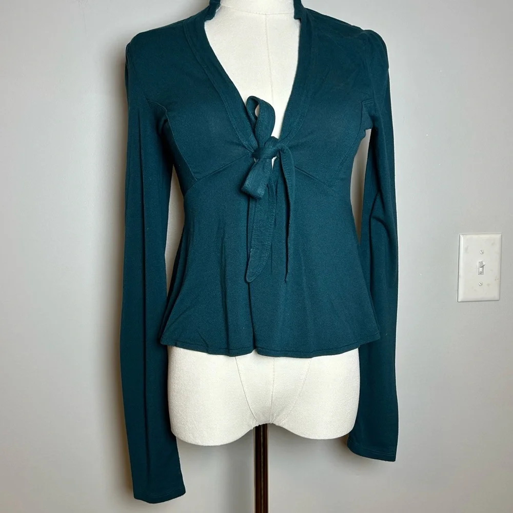 Free People Teal Tie-Front long sleeve peplum top size small